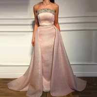 thinyfull 2020 pink evening dress sparkle beading strapless prom dress with detachable train party gown vestido de festa 2020