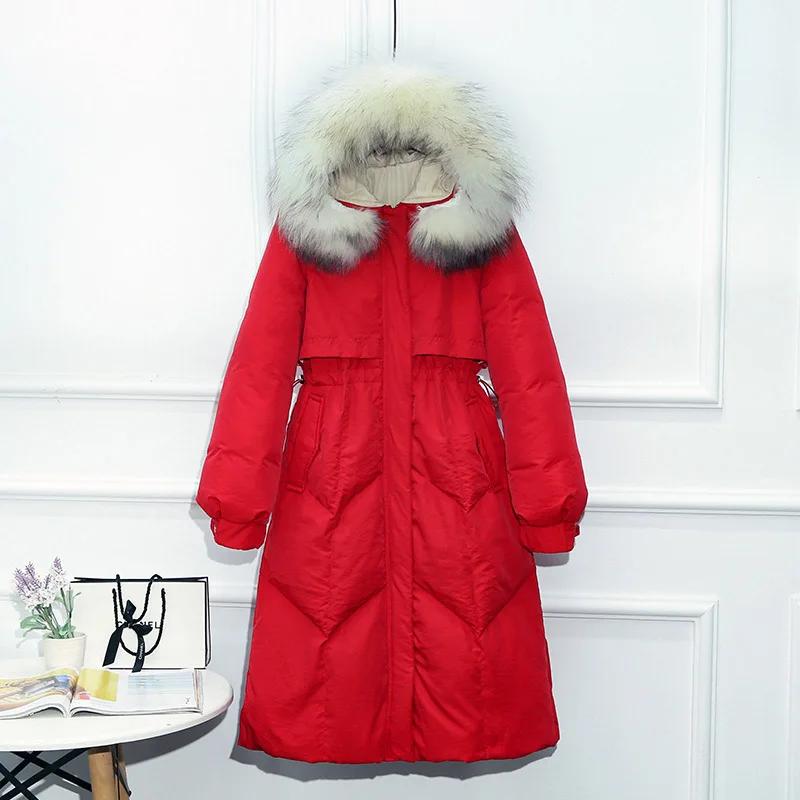 GBYXTY daunenjacke damen/большой размер 3XL длинный пуховик с капюшоном для женщин зимнее пуховое пальто с мехом енота парка с перьями ZA1705 - Цвет: Красный