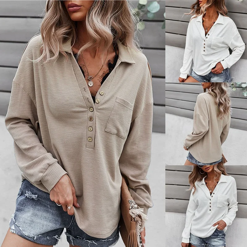 

Женский свободный пуловер на пуговицах, пуловер с длинным рукавом и V-образным вырезом, повседневный легкий пуловер с кружевной отделкой