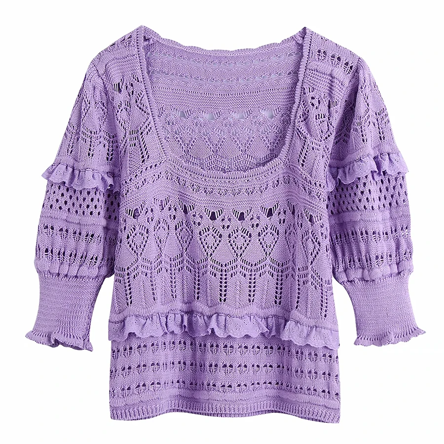 

Le Luz Knitted Chic Sweater Pullovers Purple Hollow Out Sexy Women Jumpers Blouse Boho Trims Autumns Womens Ladies Sweater Top