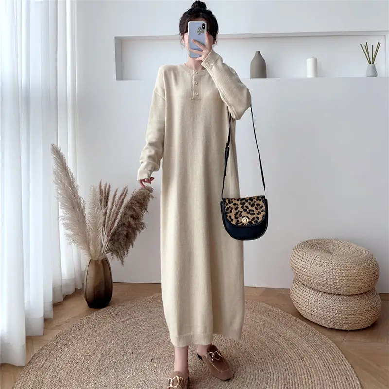 

Женское длинное Платье-Свитер оверсайз с длинным рукавом, прямого покроя, модель J84 на осень и зиму, 2022