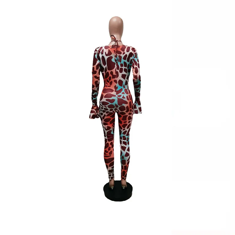 

Women clothes Fashion Two Piece Set Autumn Print Sexy Flared Sleeve Halter Jumpsuit+Bra Club Outfits Sports Streetwear Wholesale