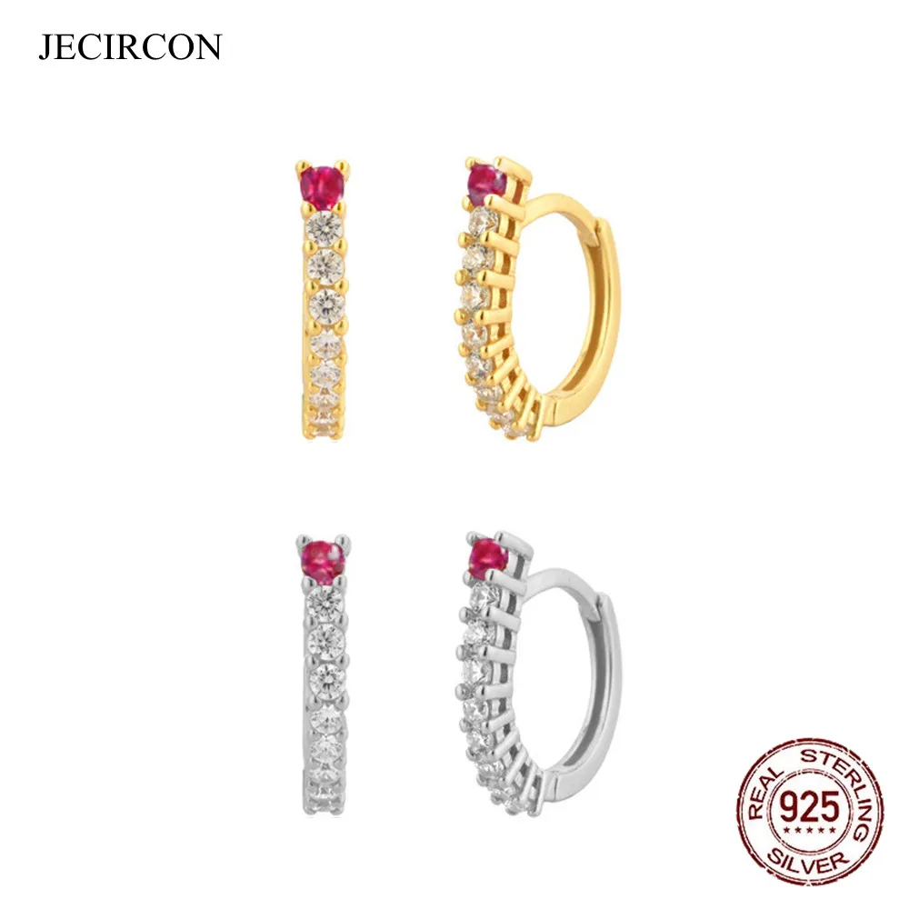 

JECIRCON 100% 925 Sterling Silver Punk White/Rose Red Zircon Hoop Earrings INS Round Circle Huggies Women CZ Earrings Jewelry