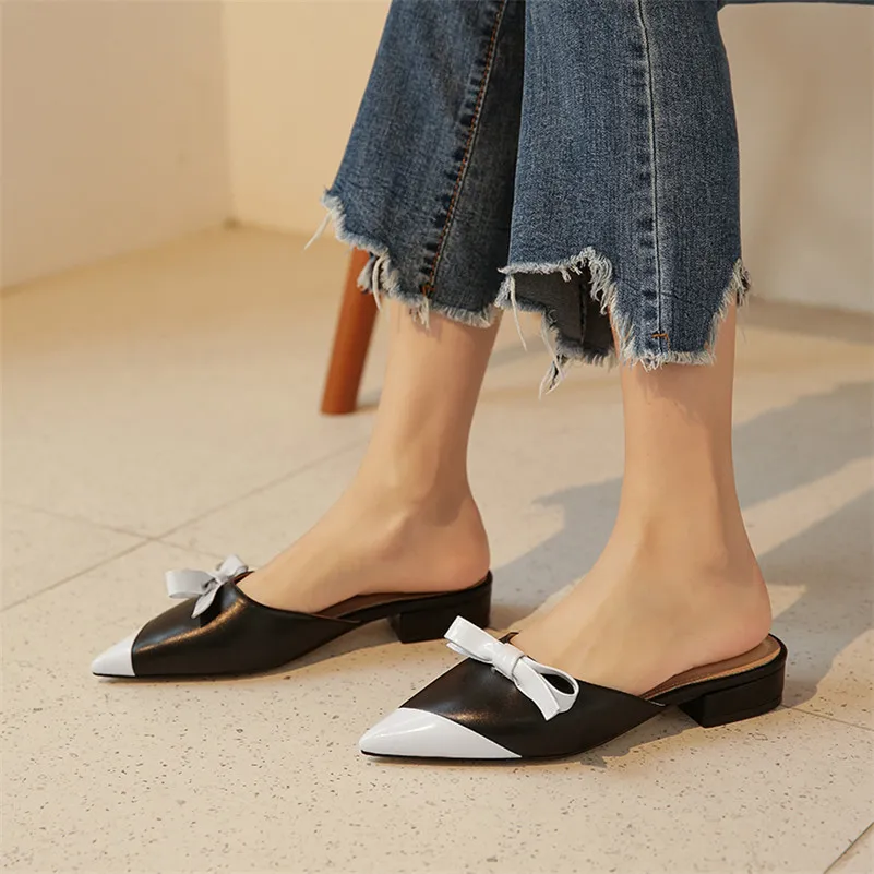 

Meotina Cow Leather Flats Women Mules Shoes Natural Genuine Leather Bow Flat Shoes Mixed Colors Pointed Toe Shoes Ladies Size 39