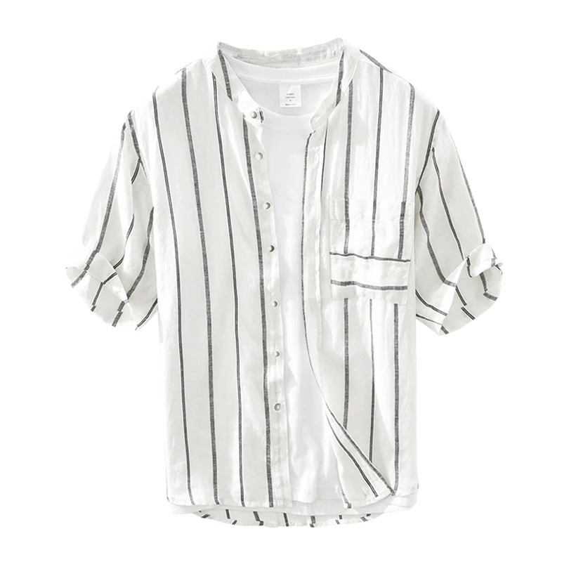 

Рубашка мужская в белую полоску, тонкий топ из чистого льна с короткими рукавами, на пуговицах, модная повседневная одежда в стиле ретро, на ...