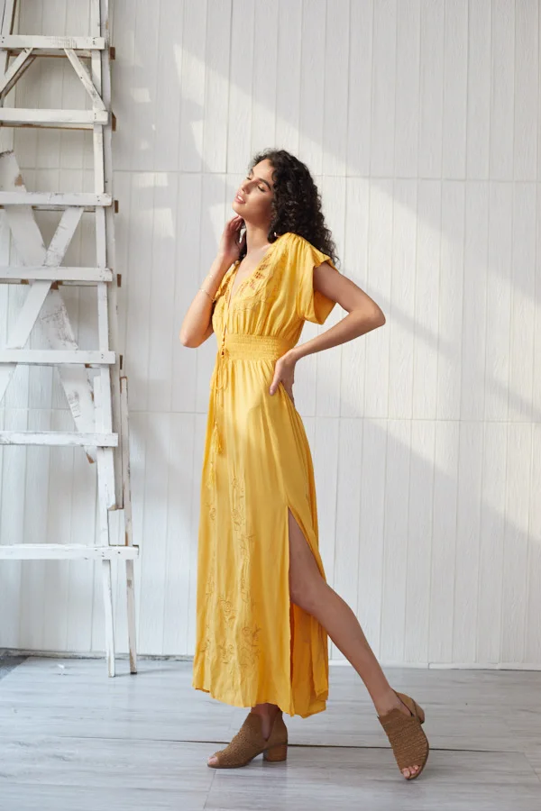 

Lace Up Yellow Maxi Dress Holiday Style Hollow Out Embroidery Dress 2021 Canwedance Boho Floor-length Dress V-neck Button