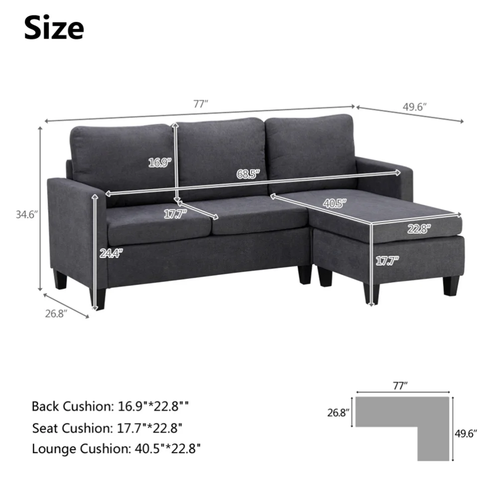 

2pcs Double Chaise Longue Combination Sofa Dark Grey Cotton and Linen Sofa