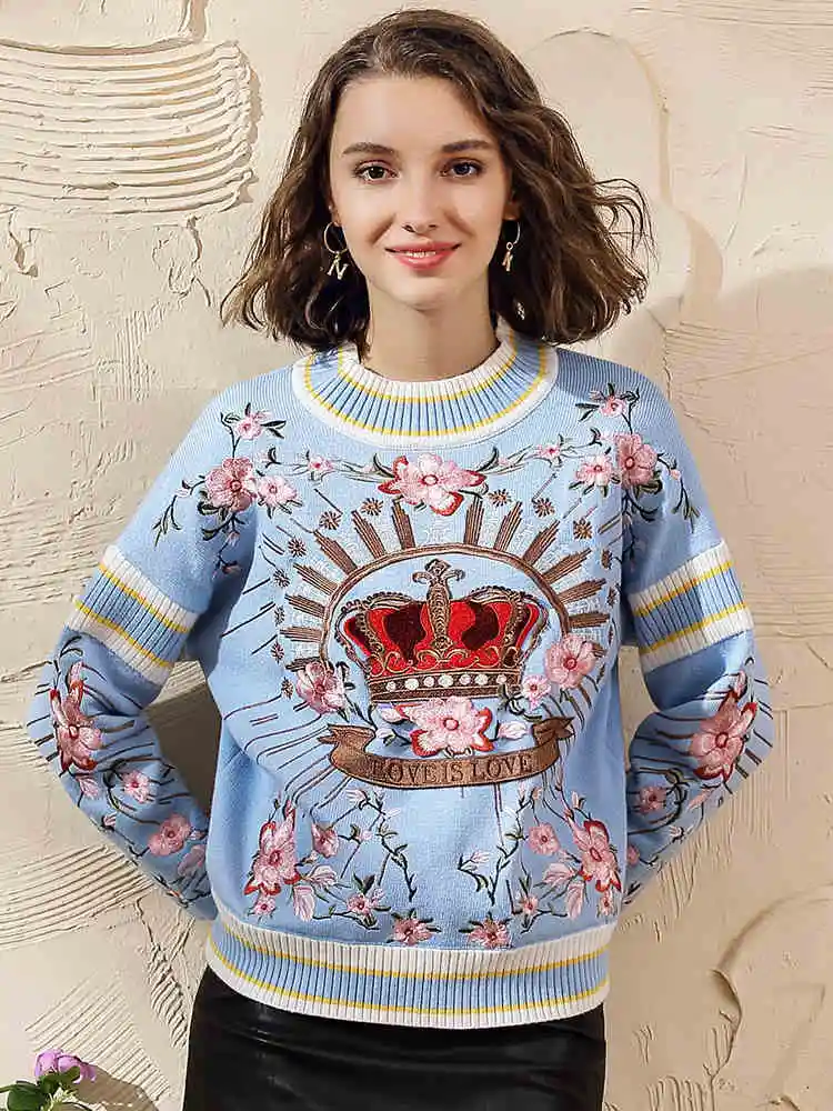 Runway Luxury Winter Knitting Pullovers Women's High Quality Floral Crown Embroidery Casual Loose Blue Sweater C-127 | Женская