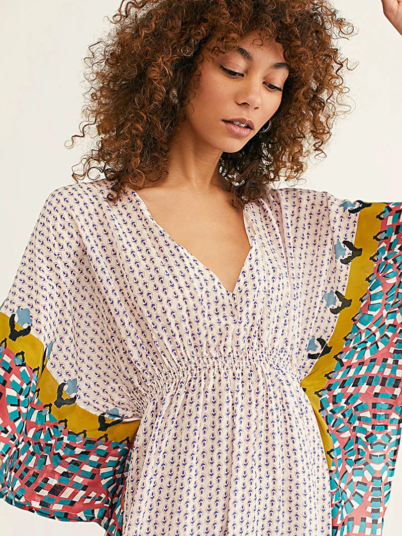 Fitshinling Geometric Print Vintage Maxi Dress Beach Wear 2020 V Neck Batwing Sleeve Pareo Oversize Robe Swimsuits Cover Up New | Женская