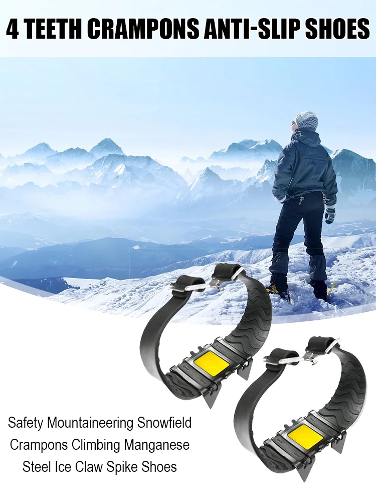 

4 Teeth Crampons Anti-slip Safety Mountaineering Snowfield Crampons Climbing Manganese Steel Ice Claw Spike Shoes for Outdoor