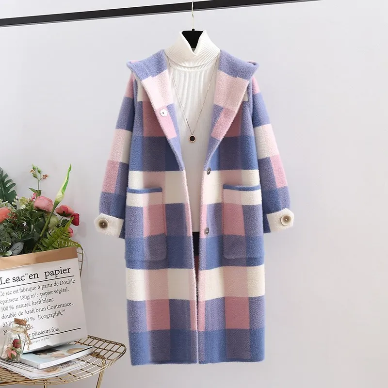 Осенне-зимние новые кашемировые пальто в клетку из норки вязаный свитер с