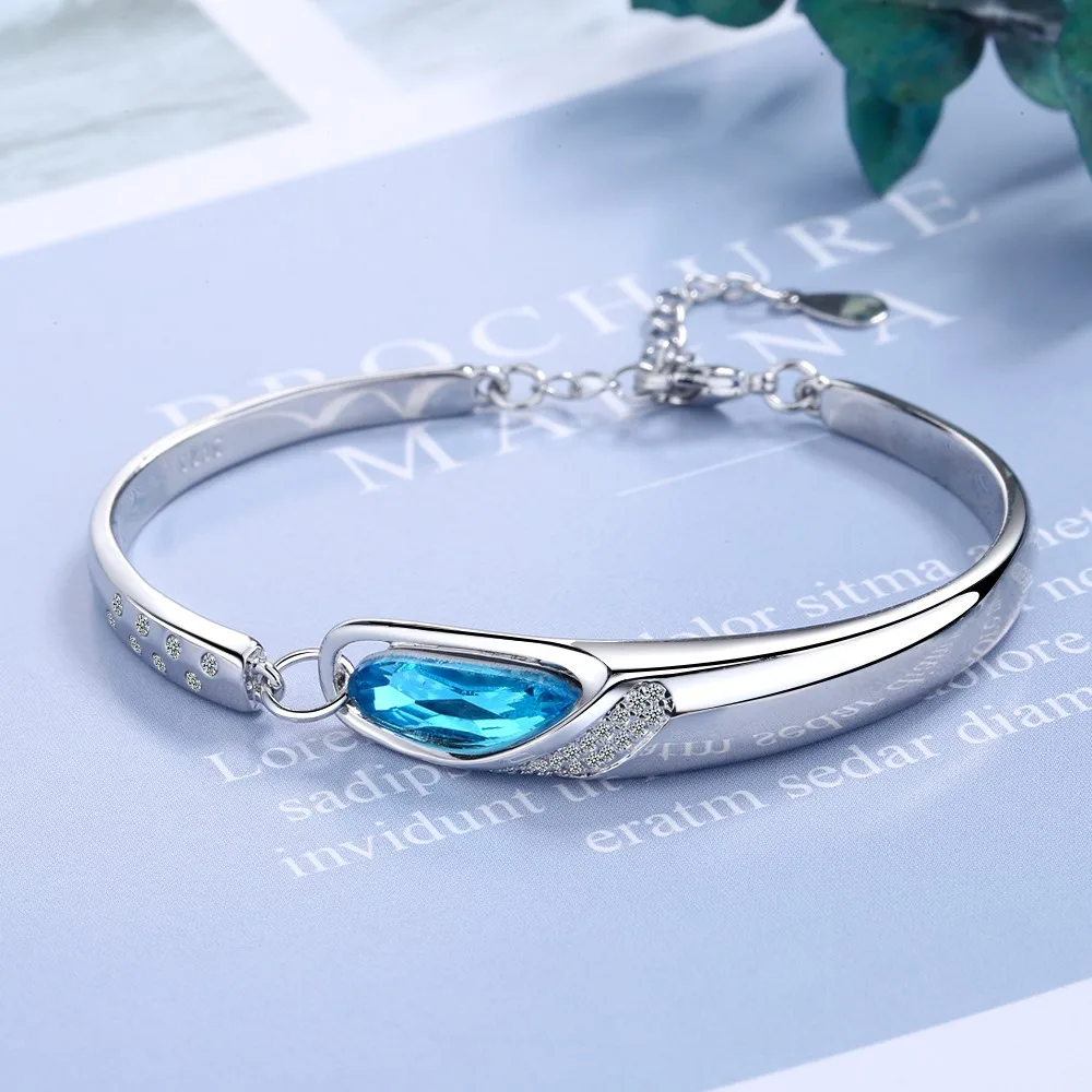 Фото Серебряный цвет синий бриллиант и браслет для женщин Свадебные вечерние