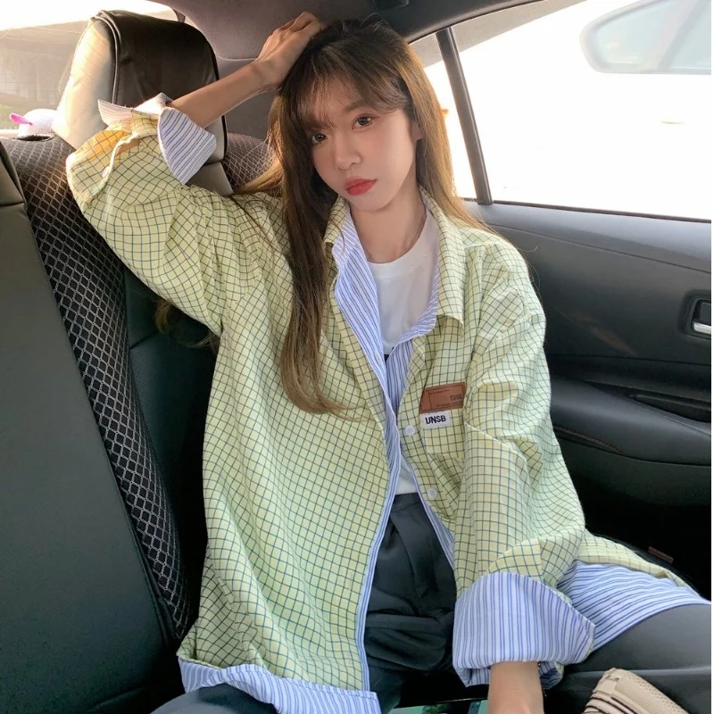 

Shirts Women Leisure Plaid Patchwork All-match Students Elegant Fake 2 Pieces Baggy Turn-down Collar New Stylish Female