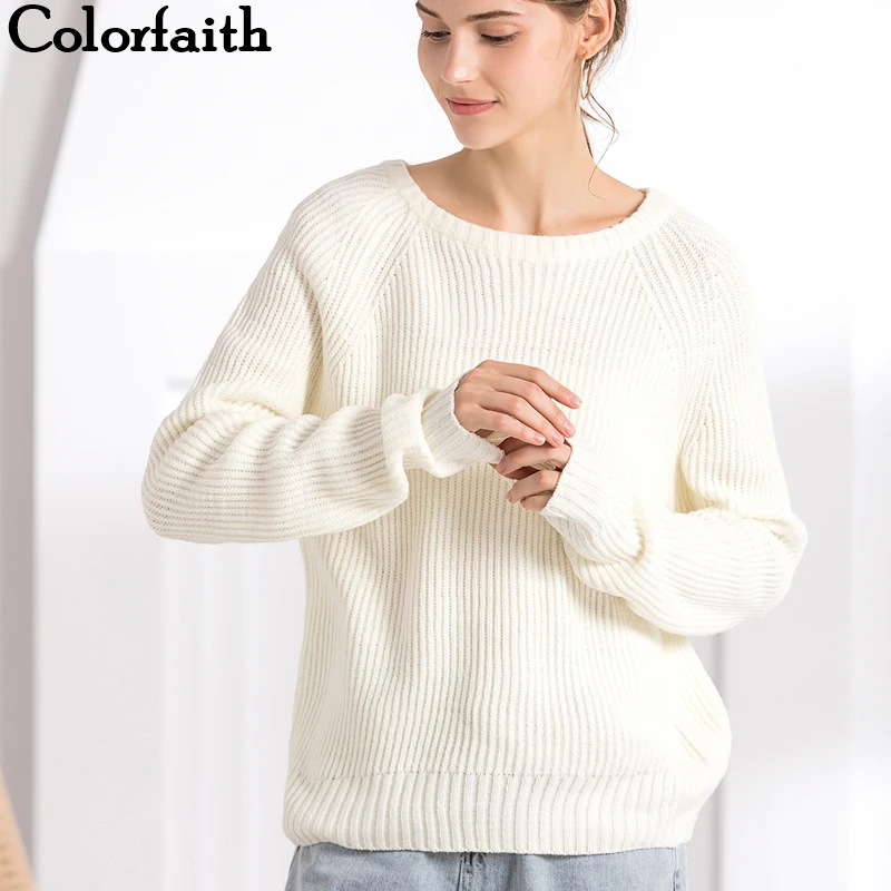 Colorfaith женские Свитера Осень Зима пуловер вязаный круглый вырез минималистичный Повседневный однотонный длинный рукав Свободные топы SW7197