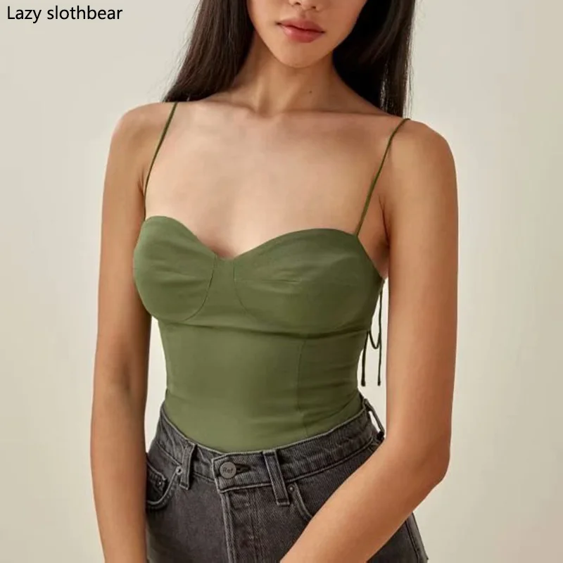 

Summer new ladies army green camisole slim sexy off-shoulder backless camisole tops