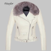 fitaylor women winter warm faux leather jacket coat with fur collar female pink pu motorcycle jacket biker punk black outerwear