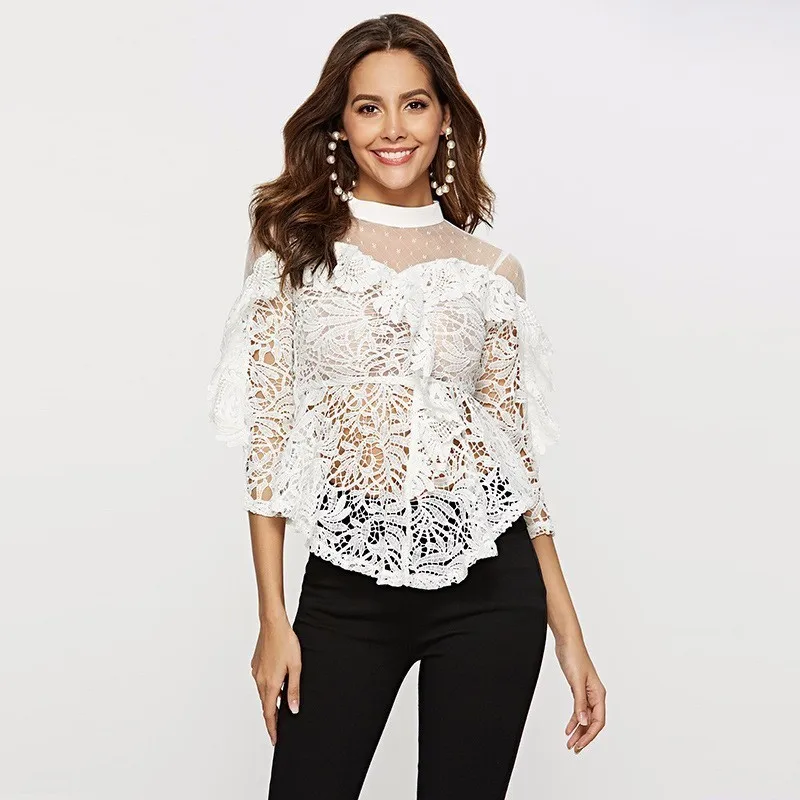 Женская кружевная блузка с вышивкой A049 летняя пикантная вырезами 2019|Блузки| |