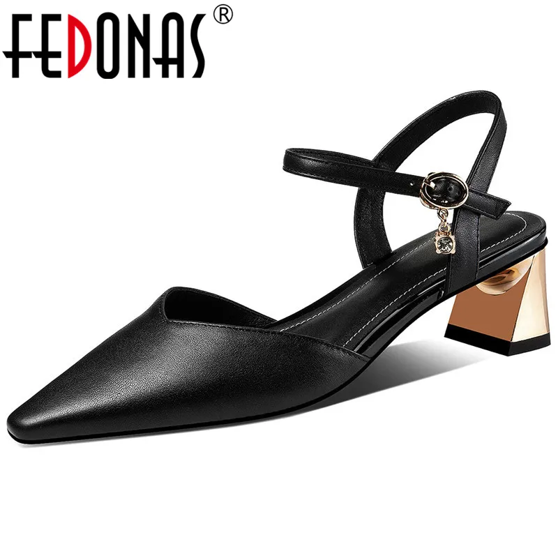 

FEDONAS Concise Thick Heels Women Sandals 2021 Summer Thick Heels Pumps Pointed Toe Fashion Office Lady Casual Shoes Woman