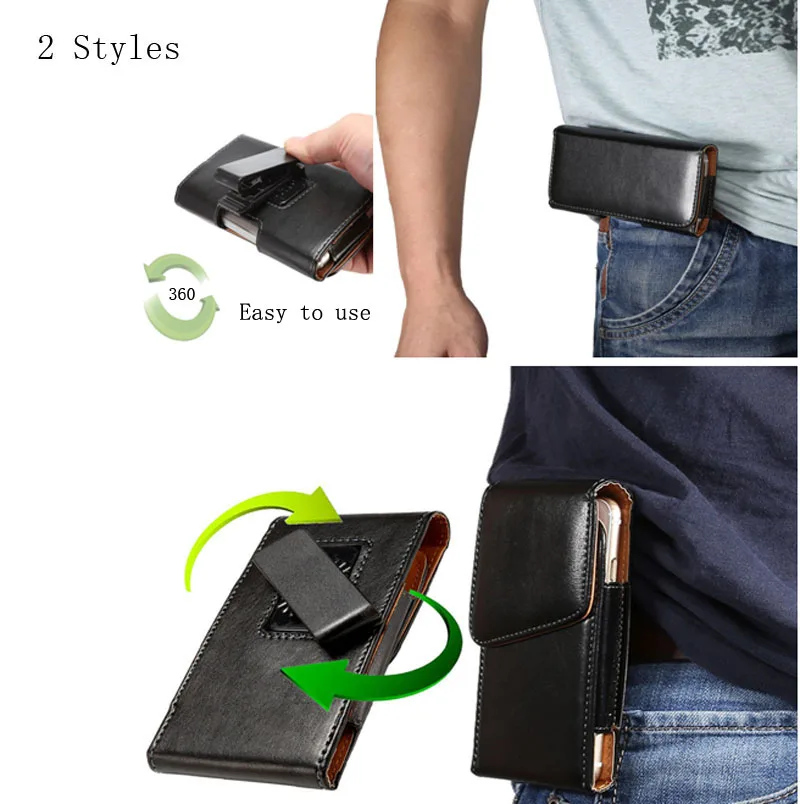 2 Styles Waist Packs Men Fashion High Quality PU Leather Waist Bag Mobile Phone Bags Belt Clip Bag 360 Degrees Case Black