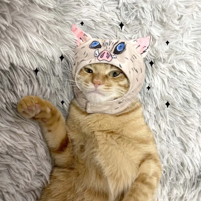 

Cat Cosplay Costume Anime Demon Slayer Hashibira Inosuke Pet Plush Headgear Hat Up Headdress Photo Props Kawaii