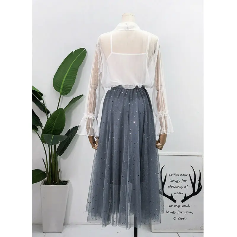 

CA New Women High Waist Pleated Skirt Long Skirt Swing Star Moon Tulle Dresses