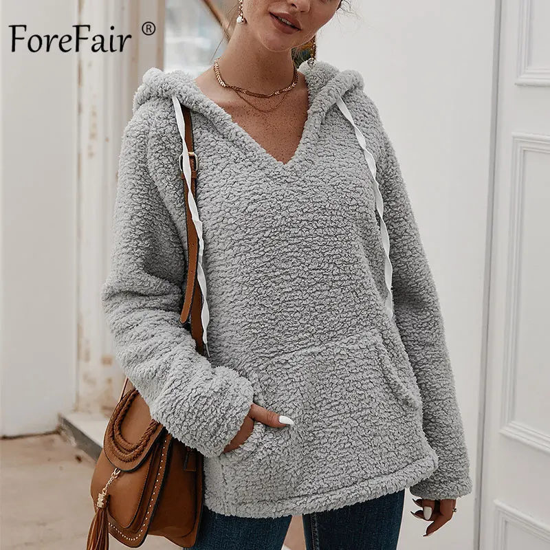 Forefair Повседневная флисовая толстовка с капюшоном большого размера, Женское зимнее пальто, модная Толстовка с длинным рукавом и карманом из искусственного меха - Цвет: Light Gray