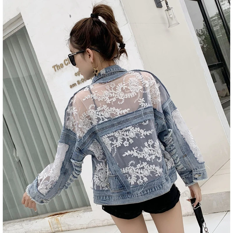 

Lapel Long Sleeve Embroidery Hole Denim Jacket Women Lace Splicing Casual Sunscreen Clothing 2021 Spring Summer