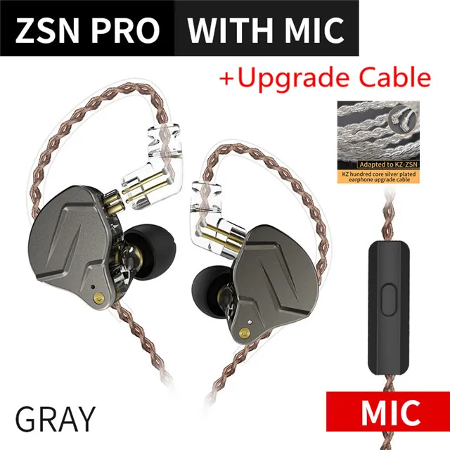Gray with mic Silver KZ ZSN PRO 1BA+ 1DD гибридная технология Hi-Fi металлические наушники-вкладыши бас-вкладыши спортивные наушники с шумоподавлением ZSN AS10 ZS10 ZST T2 - Цвет: Gray with mic Silver