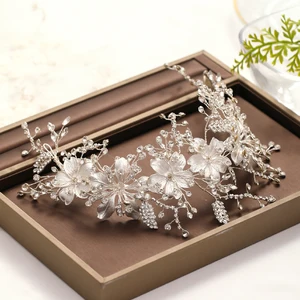 Wedding Headband Silver Color crystal Tiara Handmade Bride Headdress Flower Leaf Hair Jewelry Headba