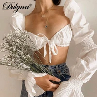 dulzura puff long sleeve ruffle lace up women crop top shirts elegant ruched hollow out 2020 autumn winter clothes party korea