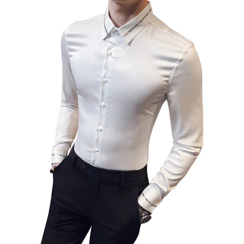 

British Style Men Tuxedo Shirt Long Sleeve Fashion 2021 Simple Slim Fit Casual Formal Wear Office Blouse Homme Black/White 3XL-M