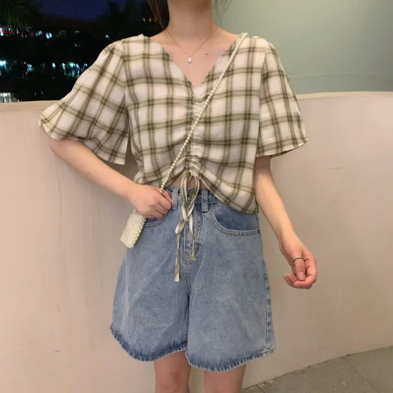 

2021 New Spring and Summer Women's Heart Machine Drawstring Lattice Loose and Thin Short Sleeve Top