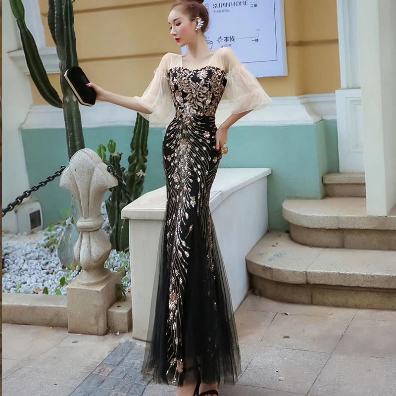 

Robe Longue Elegant Mermaid Sequined half Sleeve Summer Maxi Dress Bodycon Plus Size Dress Woman Party Night Robe Femme Vestidos