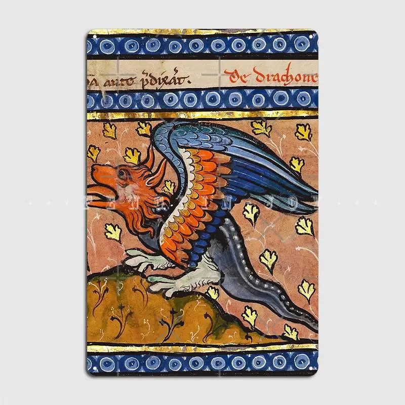 

Medieval Bestiary Dragon Gold Leaves Blue Orange Colors Poster Metal Plaque Garage Club Decoration Plaques Tin Sign Posters