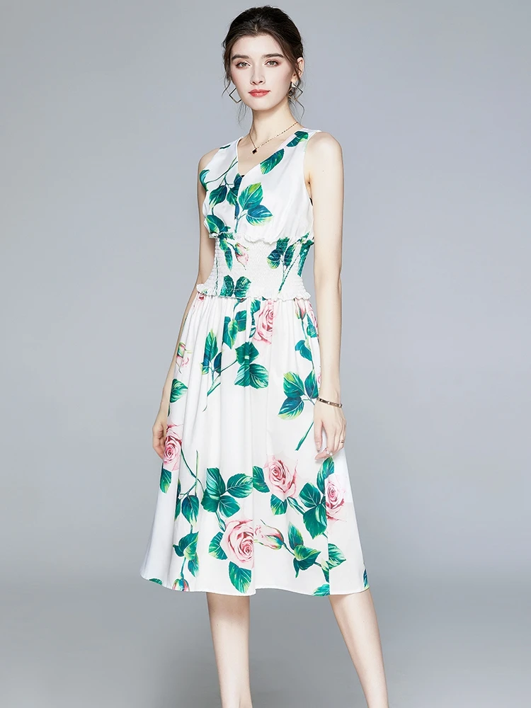 

Sweet Floral Dress Women V Neck sleeveless A-line Dress 2020 Summer Bohemian Rose Flower Print Holiday Dress