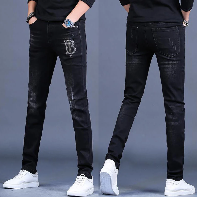 

Men’s high quality slimming denim pants scratched&white washed trendy black jeans diamond embroidery stretch jeans pants;