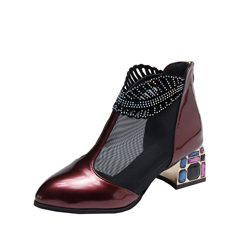 

Ladies Thick Heel Casual Sandals Patent Leather Mesh Boots Rhinestone Line Sandals Baotou Sandals Casual Hollow Women's Shoes