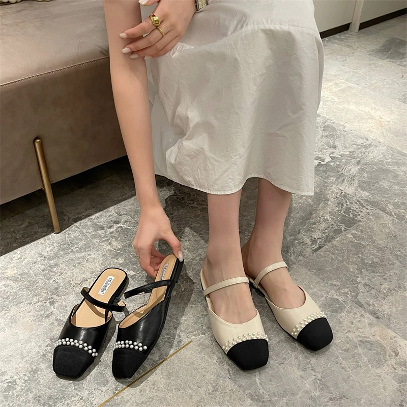 

Ladies Mules 2021 new sexy beaded satin leather square toe sandals soft luxury shallow mouth retro comfortable half slippers