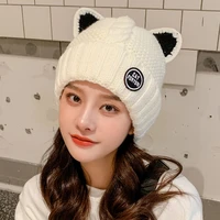 2021 cute cartoon cat ear womens knitted beanies cap thicked warm ski hat female wool bonnets