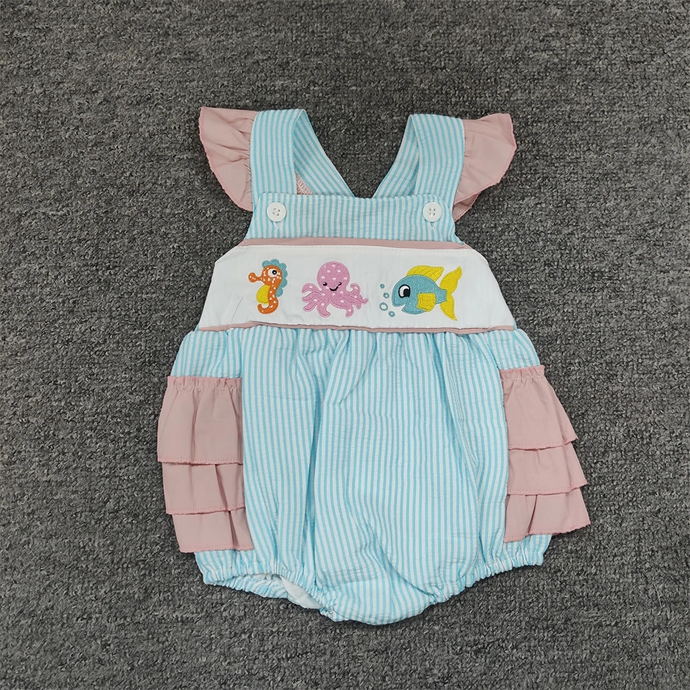 

Summer Girls Clothes Blue Vertical Stripes Sleeveless Seahorse Octopus And Fish Embroidery Pattern Toddler Baby Rompers