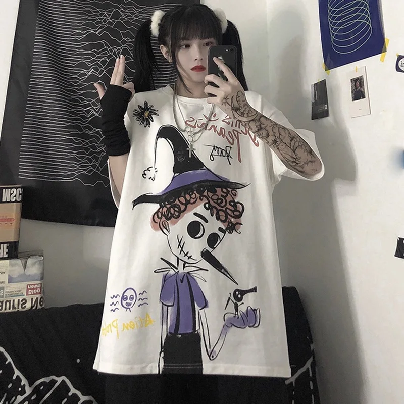 

Women's t-shirts Summer Top off white cotton cartoon graffiti print loose top T-shirts harajuku fashion all-match couple T-shirt