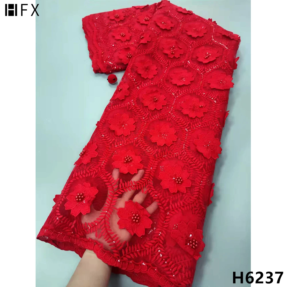 

HFX 2022 африканская кружевная ткань с блестками 5 ярдов Высококачественная вышитая французская нигерийская кружевная ткань с бусинами для свадьбы H6237