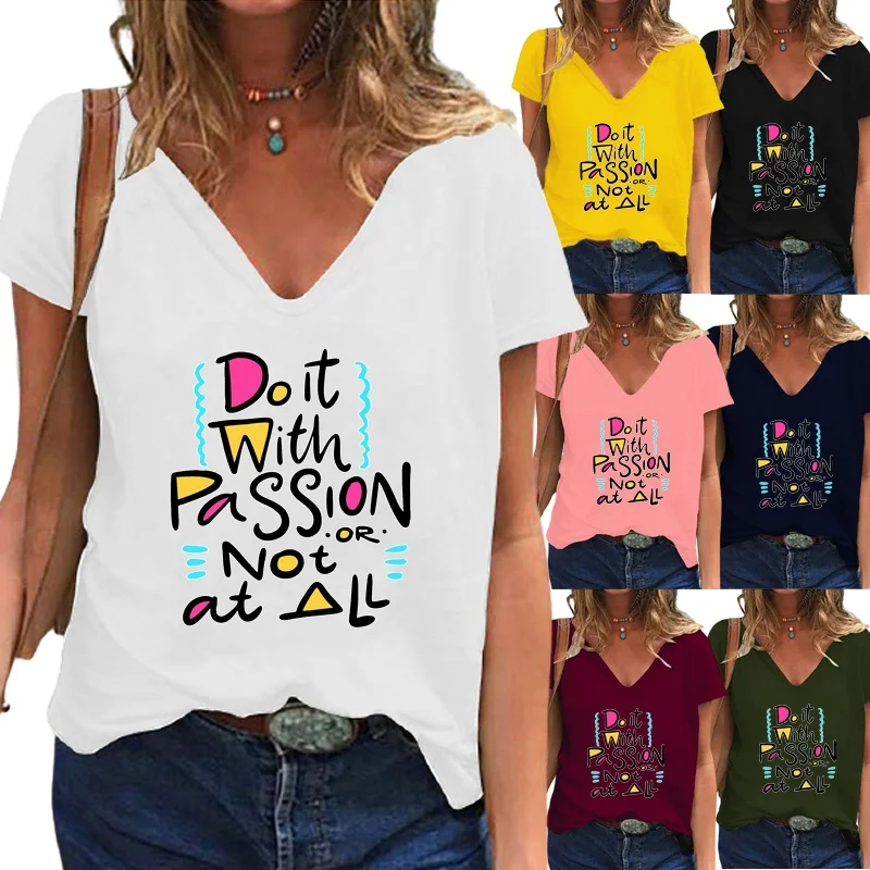 

Женская летняя футболка с коротким рукавом и V-образным вырезом