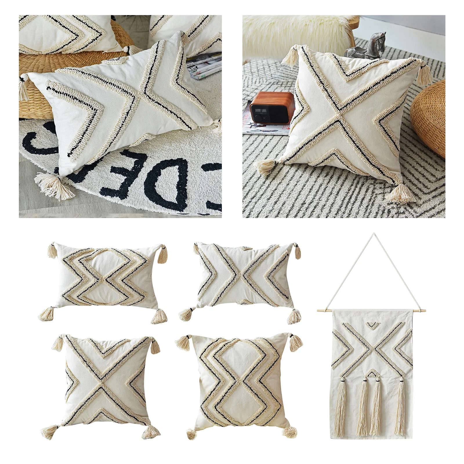 

Embroidery Tufted Cushion Cover Square Pillowcase for Sofa Home No Inserts