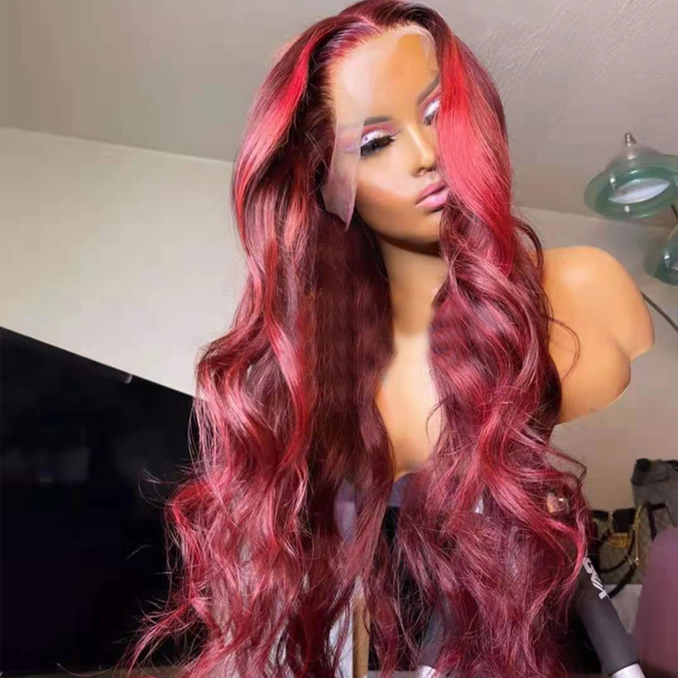 

Burgundy Color Lace Front Wigs Pre Plucked Natural Hairline Brazilian Virgin Hair Wigs 180% Density Body Wave Human Hair Wigs