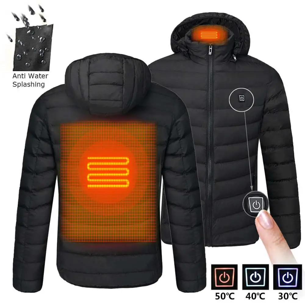 Men Winter Jackets Warm USB Heating Parka Mens Heated Outdoor Coat USB Long Sleeves Heating Hooded Jackets