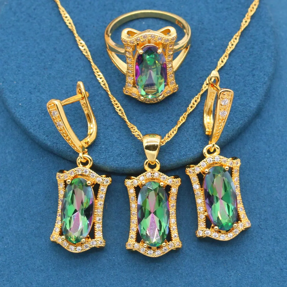 

Rainbow Stones Purple Amethyst Gold Jewelry Sets for Women Ring Earrings Necklace Pendant Gift Box