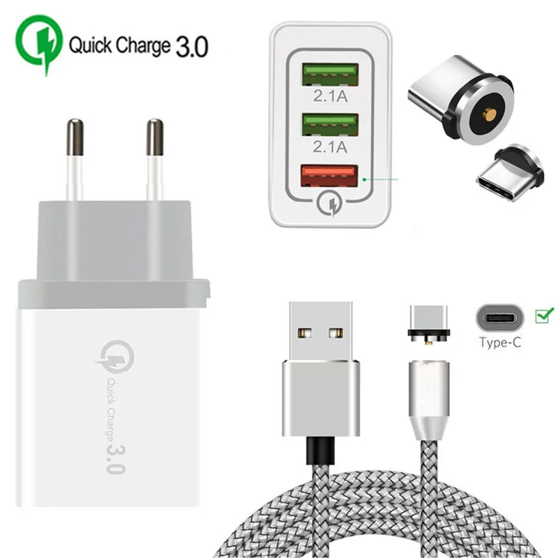 EU charger and cable QC 3,0 быстрое зарядное устройство Тип C Магнитный зарядный usb-кабель для samsung Galaxy Feel 2 A40 S8 Honor 20 9 huawei P30 Pro P20 lite - Тип штекера: EU charger and cable