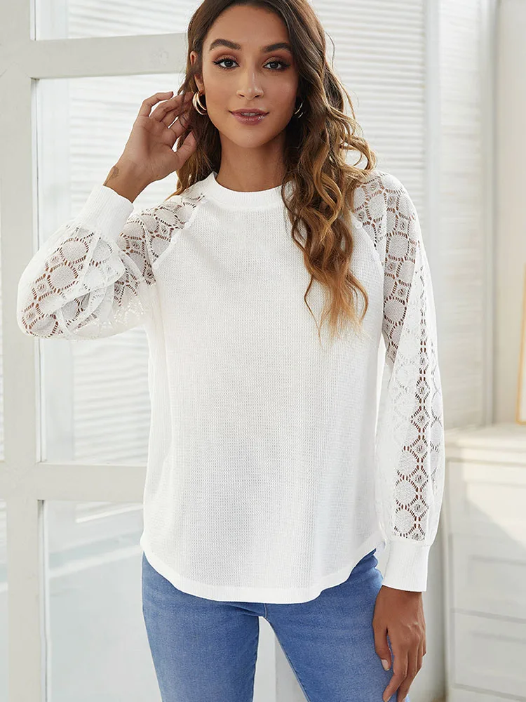 

2021 Autumn New Women's Shirt European And American Lace Hollow Stitching Round Neck Long Sleeve T-Shirt