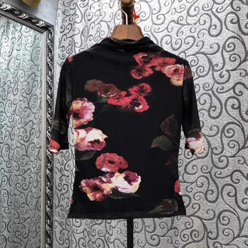 

2020 Autumn Winter Fashion Tops & Tees Women Stand Neck Vintage Floral Print Half Sleeve Casual Basic Tops Female Sexy T-Shirt